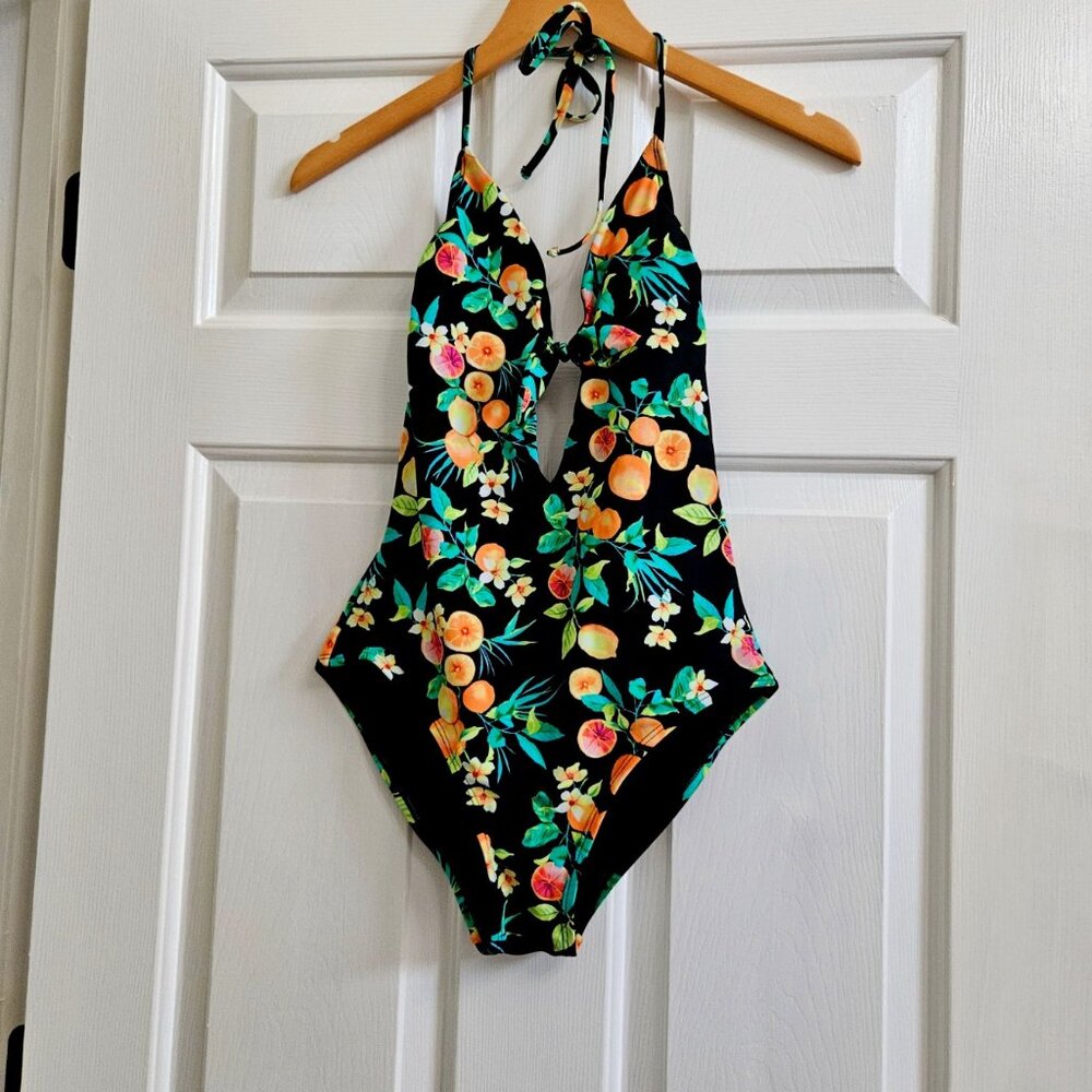 One Piece Swimsuit, Black and Tropical Fruit Pattern, Size Medium